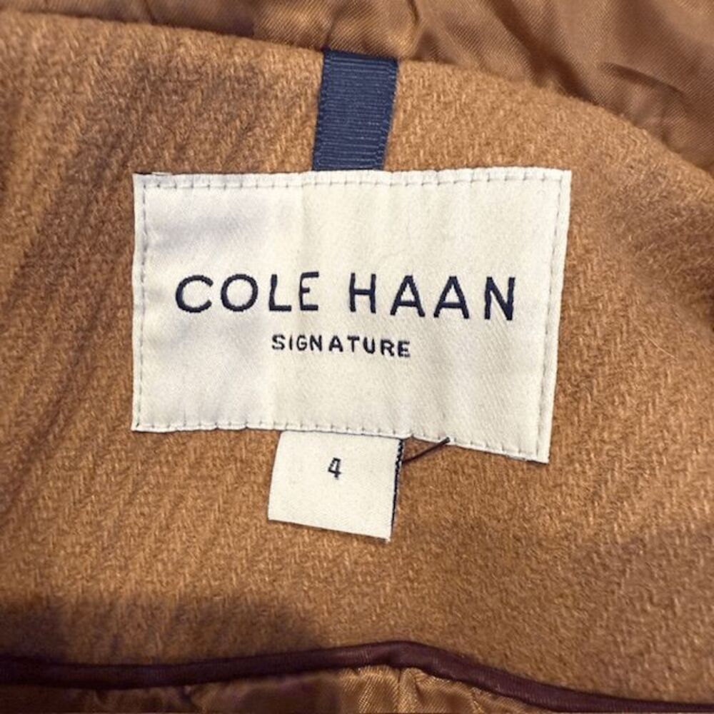Cole Haan Signature Wool Leather Snap Faux-Fur-Trim Hooded Coat Camel Tan Size 4 - Picture 7 of 16
